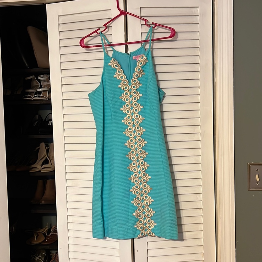 Lily Pulitzer dress in aqua and gold